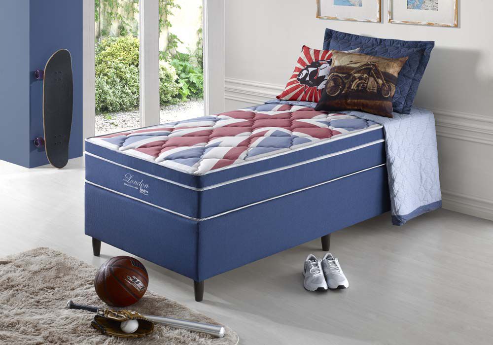 COLCHAO + CAIXA BOX LONDON AZUL SUPERLASTIC SOLTEIRO