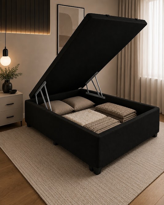 CAIXA BAU CASAL INTEIRA PRETO SUEDE - BIOFLEX / ALTO NIVEL