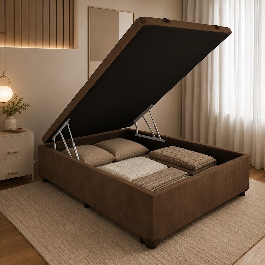 CAIXA BAU CASAL INTEIRA MARROM SUEDE - BIOFLEX / ALTO NIVEL